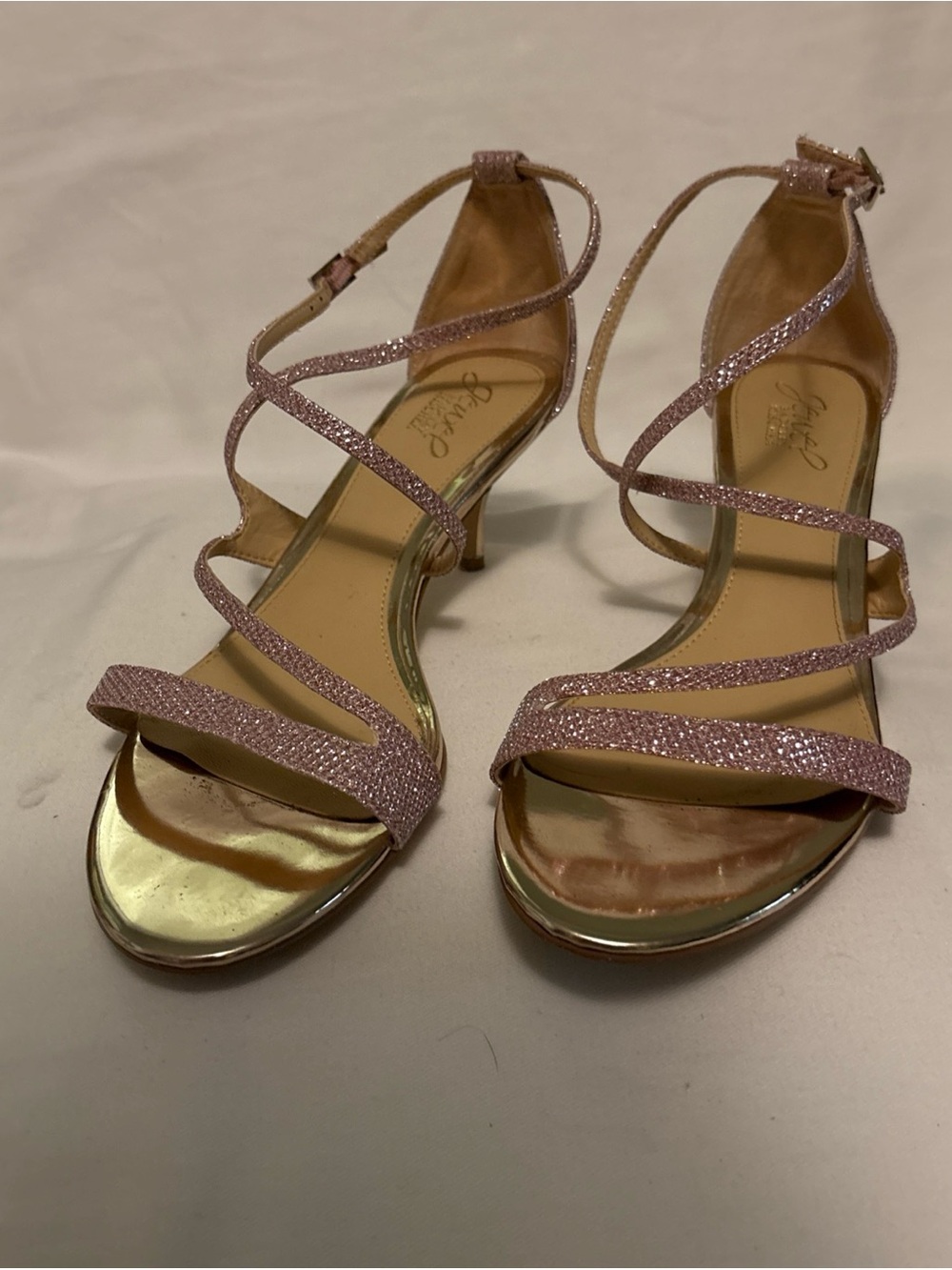 Jewel Badgley Mischka Rose gold 2 Inch Heel Ankle Strap Heel, Size 9